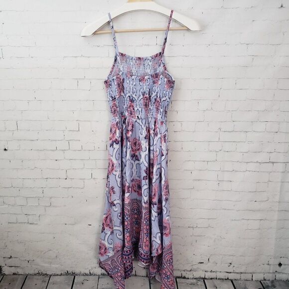 Japana Seersucker Handkerchief Hem Sun Dress Size XS Blue Floral Spaghetti Strap - Picture 4 of 6